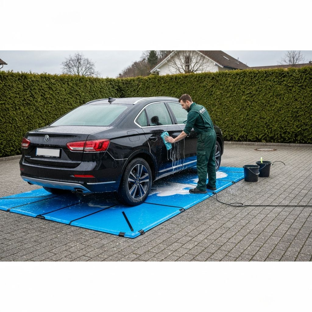 Klassische Fahrzeugreinigung mit geschlossenem Wasserauffangsystem auf Waschmatte